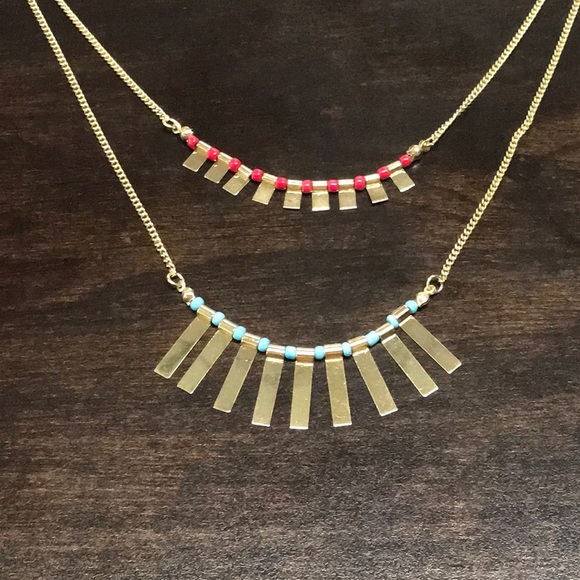 MULTI-STRAND GOLD NECKLACE with BLUE & RED BEADS - Picture 2 of 3